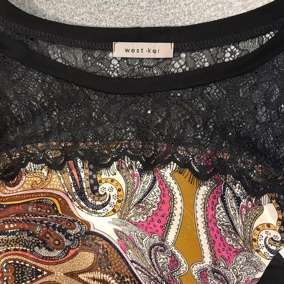 West Kei Black Lace Yoke Paisley Print Top Small - Picture 3 of 3